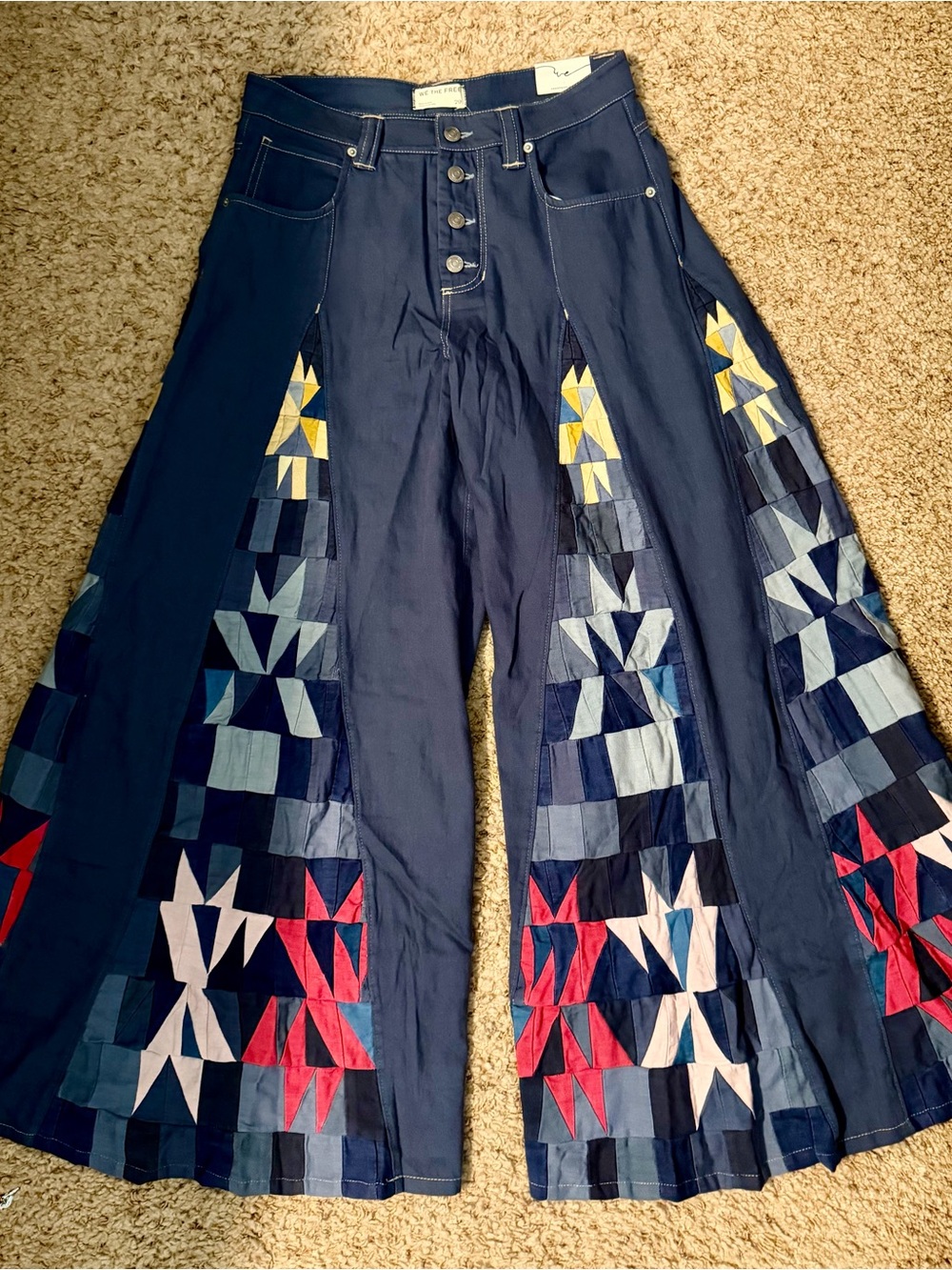 Free People We The Free Navy Wide-Leg Patchwork Embroidered Pants NWT SZ 29 - Picture 6 of 16